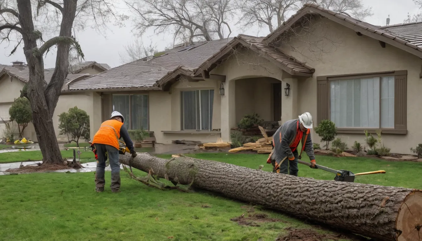 Local tree provider cutting up a fallen tree in a Orange backyard near a stucco home